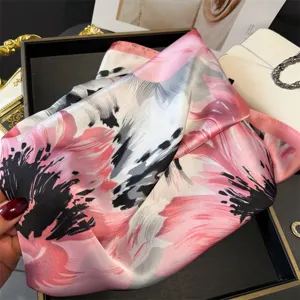Pink floral print silk square scarf versatile elegant neckerchief for women fashion accessory