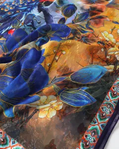 Colorful Peacock Print Burnout Silk Scarf Detail Spring Summer Long Travel Shawl Beach Sunscreen