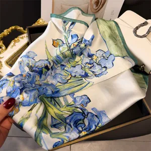 Elegant blue iris floral print square silk scarf for women vintage art style head wrap neckerchief