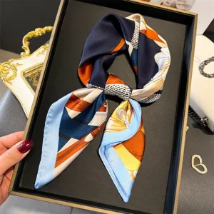 Equestrian print silk square scarf for women, elegant neck scarf and chic hair accessory.