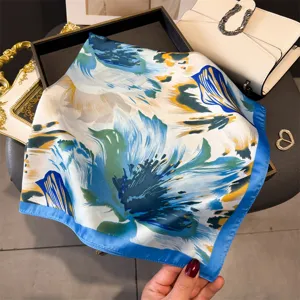 Elegant floral print silk square scarf for women, chic neckerchief and stylish hair wrap.