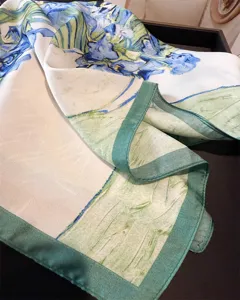 Blue floral art print faux silk square scarf, elegant green border neckerchief for women.