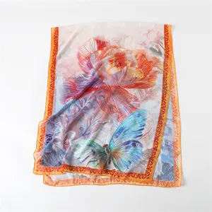 Floral and butterfly print silk scarf, lightweight long shawl for women sun protection.