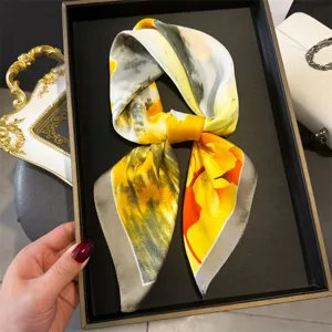 Women floral print silk square scarf vintage elegant neckerchief fashion hair band