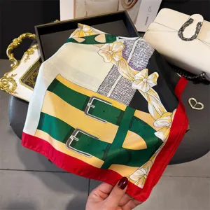Silk square scarf with equestrian belt print stylish hair scarf neckerchief for women