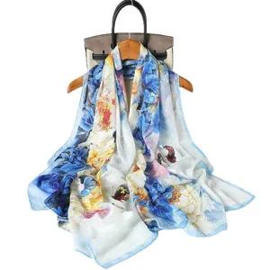 Colorful floral print silk scarf women long lightweight sun protection shawl for summer travel beach