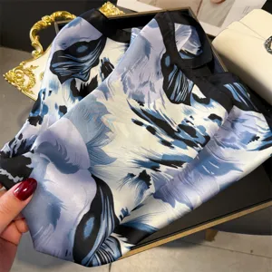 Blue white floral printed silk scarf women fashion square neck shawl elegant hair scarf wrap