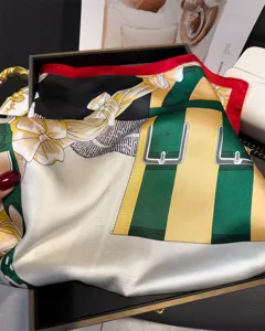 Luxury equestrian print silk square scarf, elegant belt buckle pattern versatile neck wrap.