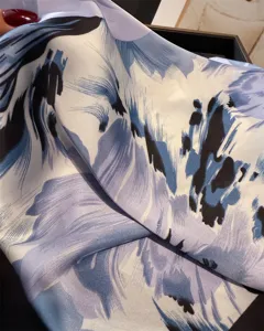 Blue abstract printed silk scarf elegant neckerchief women fashion hair band shawl