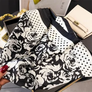Elegant black and white rose floral print silk square scarf versatile hair wrap neckerchief.