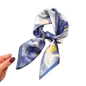 Blue floral silk scarf women elegant neckerchief satin square scarf fashion sun protection.