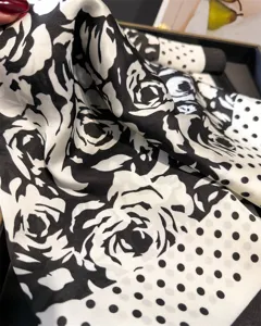 Black and white rose print silk scarf, elegant floral and polka dot design for women's daily wear.