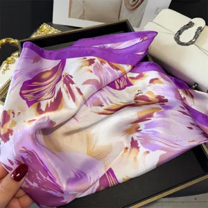 Luxury silk square scarf with abstract purple floral print, elegant women fashion shawl.