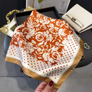 Elegant rose printed square silk scarf for women, stylish neckerchief and sun protection shawl.