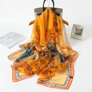 Elegant floral printed long chiffon scarf for women spring summer sun protection shawl.