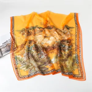 Women vintage orange floral print scarf shawl lightweight summer sun protection neckerchief
