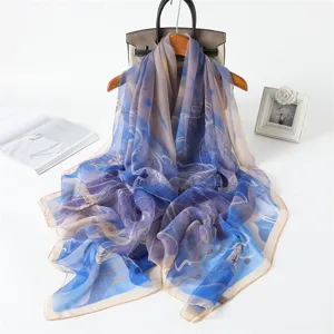 Gradient blue floral printed long silk scarf, lightweight sun protection shawl for women.
