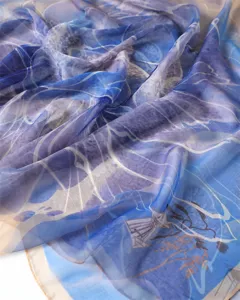 Blue purple gradient floral printed silk gauze scarf elegant long sun protection shawl