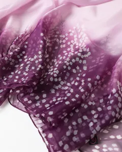 Gradient purple floral print silk scarf detail, lightweight gauze shawl for summer sun protection.