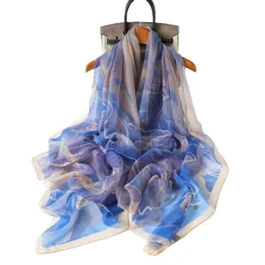 Blue gradient floral printed long silk scarf fashion sun protection shawl for women.