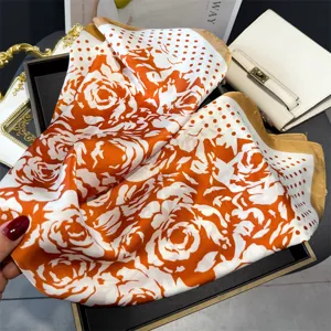 Orange white floral silk scarf square neckerchief stylish elegant hair band ladies wrapper