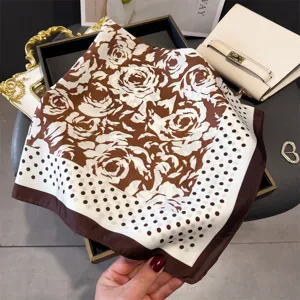 Elegant brown and white floral silk square scarf, versatile fashion hair scarf and neck wrap for women.