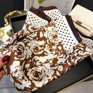 Brown rose polka dot silk scarf square elegant retro neckerchief womens fashion hair wrap