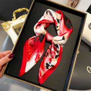 Exquisite abstract floral print silk square scarf for women, elegant neckerchief and headwear.