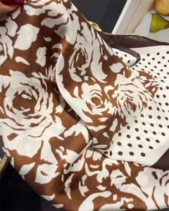 Elegant brown white silk square scarf with vintage rose and polka dot print for women.