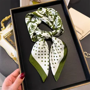 Elegant green rose print silk scarf, chic polka dot neck handkerchief for stylish daily wear.