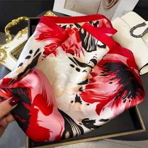 Elegant red and black floral print silk square scarf, versatile fashion hair scarf for women.