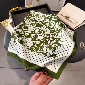 Green rose print silk square scarf, elegant neckerchief and versatile fashion hair scarf accessory.