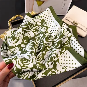 Green and white rose floral print silk square scarf, elegant neck wrap and stylish hair band.