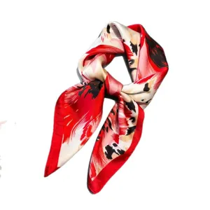 Elegant red and black abstract floral silk square scarf for women versatile fashion accessory.