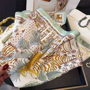 Luxury printed silk square scarf for women, elegant leopard and chain design wrap headscarf.