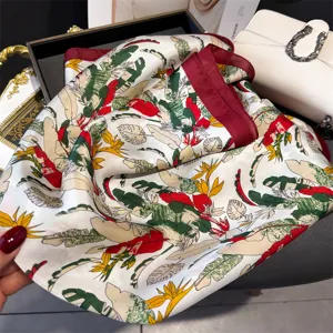 Floral print silk scarf square fashion neckerchief vintage botanical wrap for women