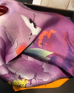 Purple silk square scarf featuring elegant peony and crane print, luxury fashion neckerchief.