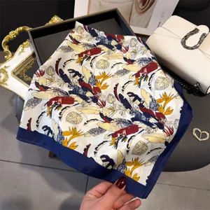 Colorful plant print silk square scarf, elegant floral neckerchief for stylish women.
