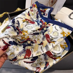 Colorful plant printed silk square scarf versatile tropical leaf neck wrap for women fashionable shawl