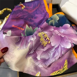Silk scarf with elegant peony flower and butterfly print, luxury style square scarf for women.
