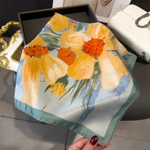 Artistic floral print square silk scarf for women, elegant fashion neck wrap and elegant shawl.