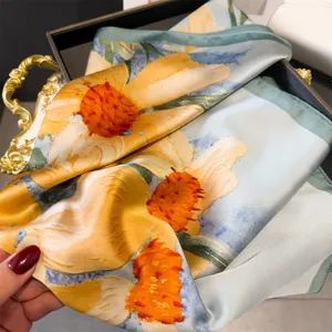 Elegant floral print silk square scarf, soft texture versatile fashion neckerchief accessory.