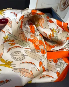 Silk scarf with tropical plant print and orange border, elegant hair scarf and chic neck wrap.