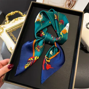 Elegant green blue floral print silk scarf detail, stylish women neckerchief hair band.