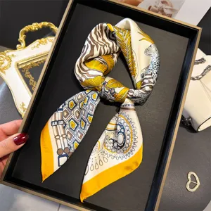 Elegant printed silk square scarf for women versatile neckerchief stylish hair accessory detail view.