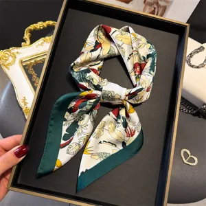 Multicolor botanical print silk scarf square elegant fashion neckerchief for women.