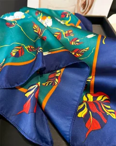 Women silk scarf luxury print square shawl versatile elegant neckerchief head wrap design.