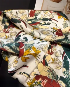 Colorful tropical plant print silk scarf, elegant versatile shawl or sun protection neckerchief.