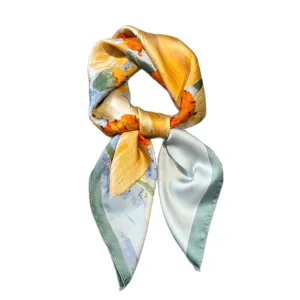 Elegant women printed silk square scarf versatile artistic floral design neckerchief accessory