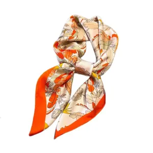 Colorful botanical print silk scarf, elegant orange border square neck wrap and stylish head scarf.